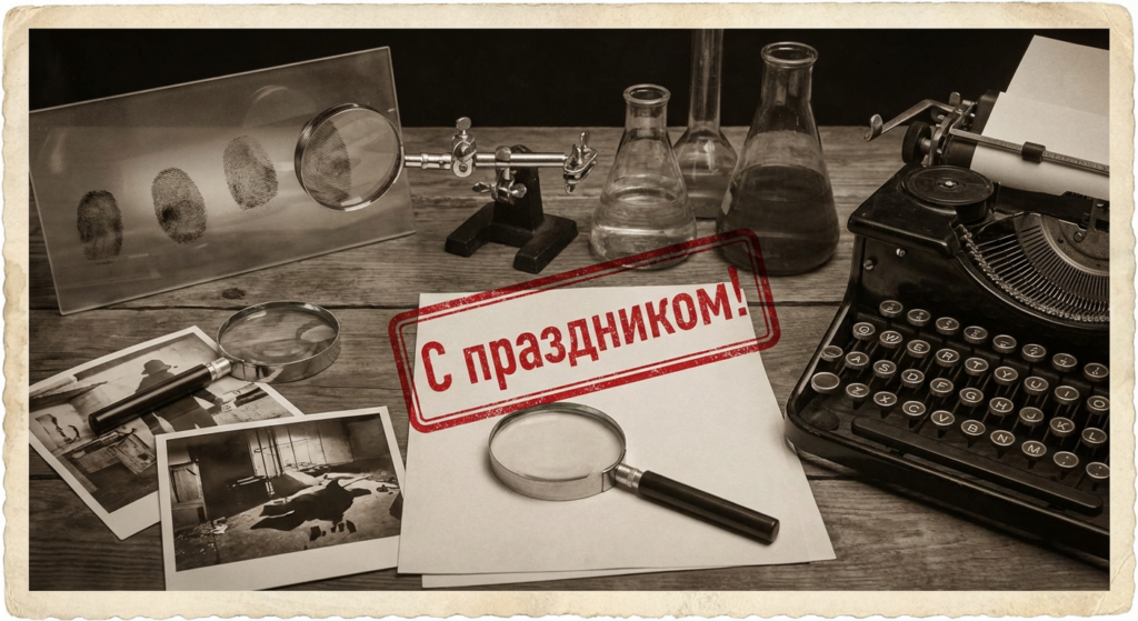 Создать открытку-картинку с поздравлением на День криминалистики с помощью нейросети