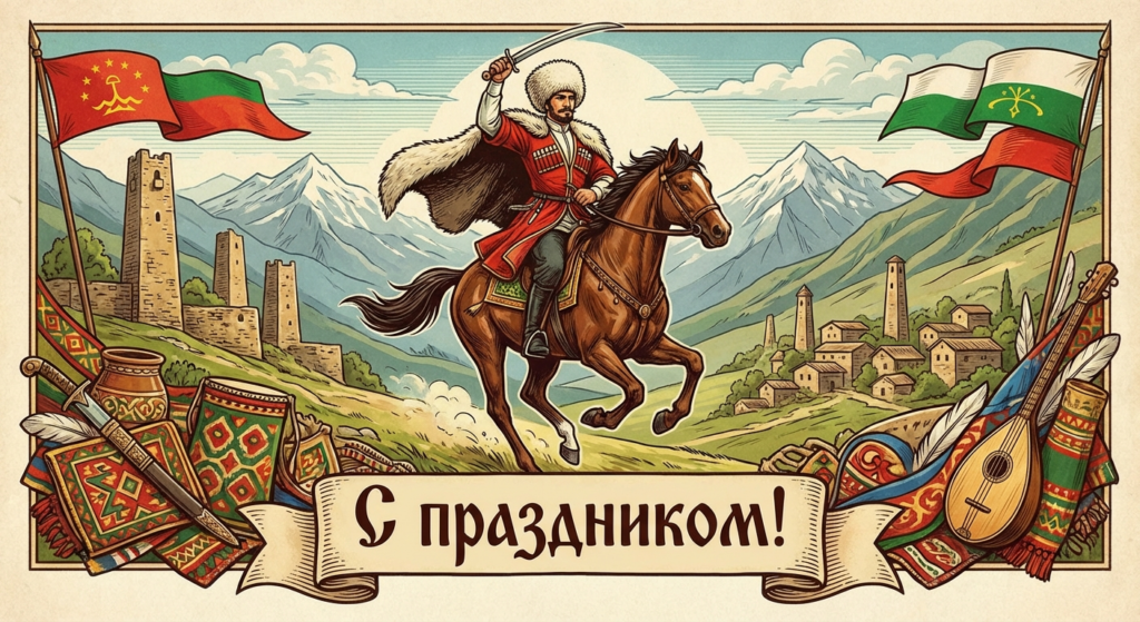 Создать открытку-картинку с поздравлением на День джигита с помощью нейросети