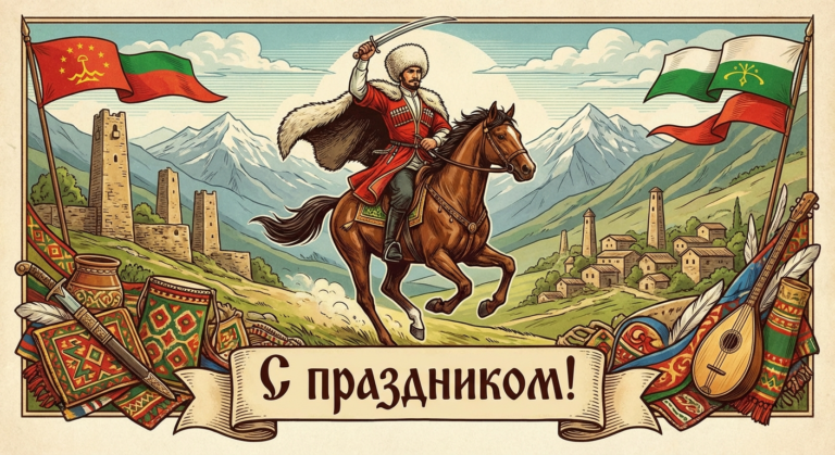 Создать открытку-картинку с поздравлением на День джигита с помощью нейросети