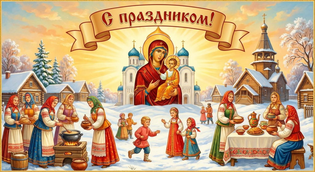 Создать открытку-картинку с поздравлением на Собор Пресвятой Богородицы (Бабьи каши) с помощью нейросети