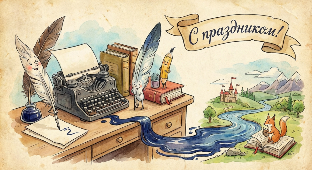 Создать открытку-картинку с поздравлением на Всемирный день писателя с помощью нейросети