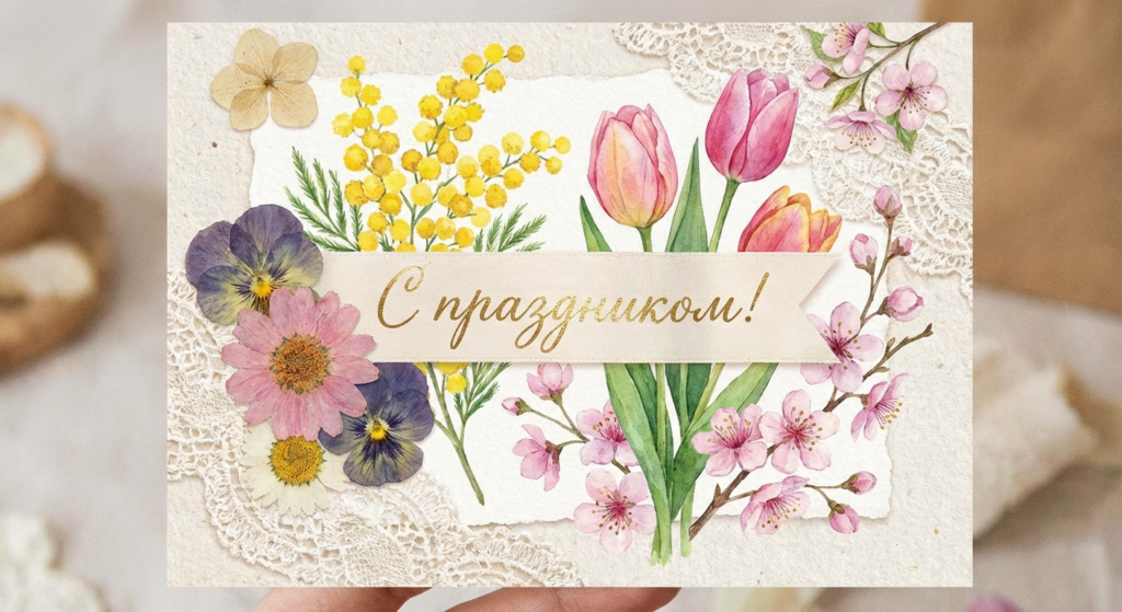 Создать открытку-картинку с поздравлением на Международный женский день (8 Марта) с помощью нейросети