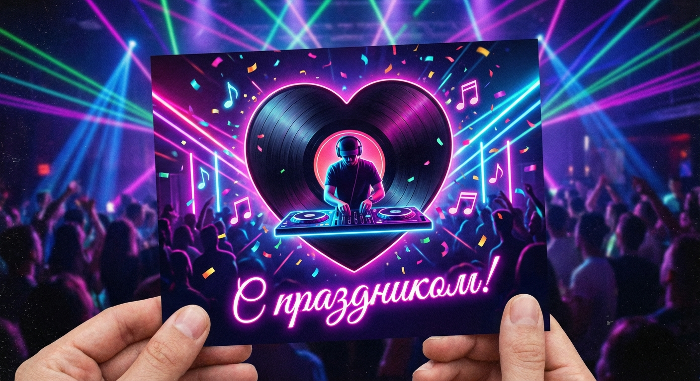 Создать открытку-картинку с поздравлением на День диджея с помощью нейросети