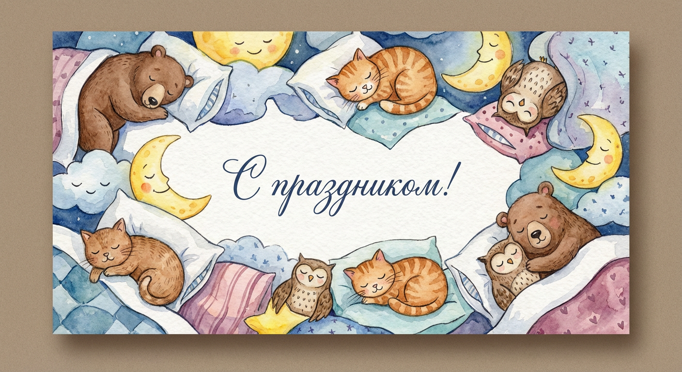 Создать открытку-картинку с поздравлением на Всемирный день сна с помощью нейросети