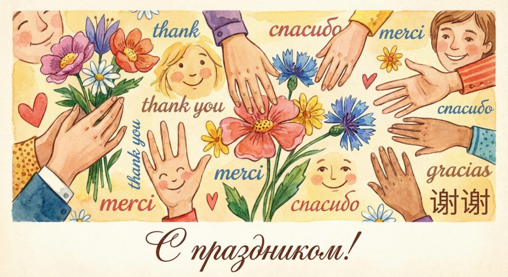 Создать открытку-картинку с поздравлением на Международный день «спасибо» с помощью нейросети