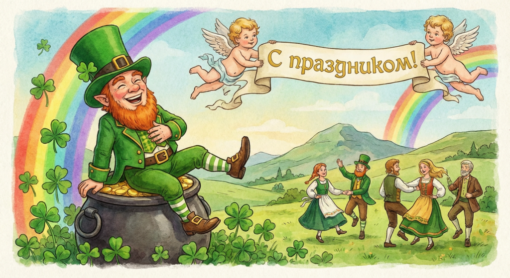 Создать открытку-картинку с поздравлением на День Святого Патрика с помощью нейросети