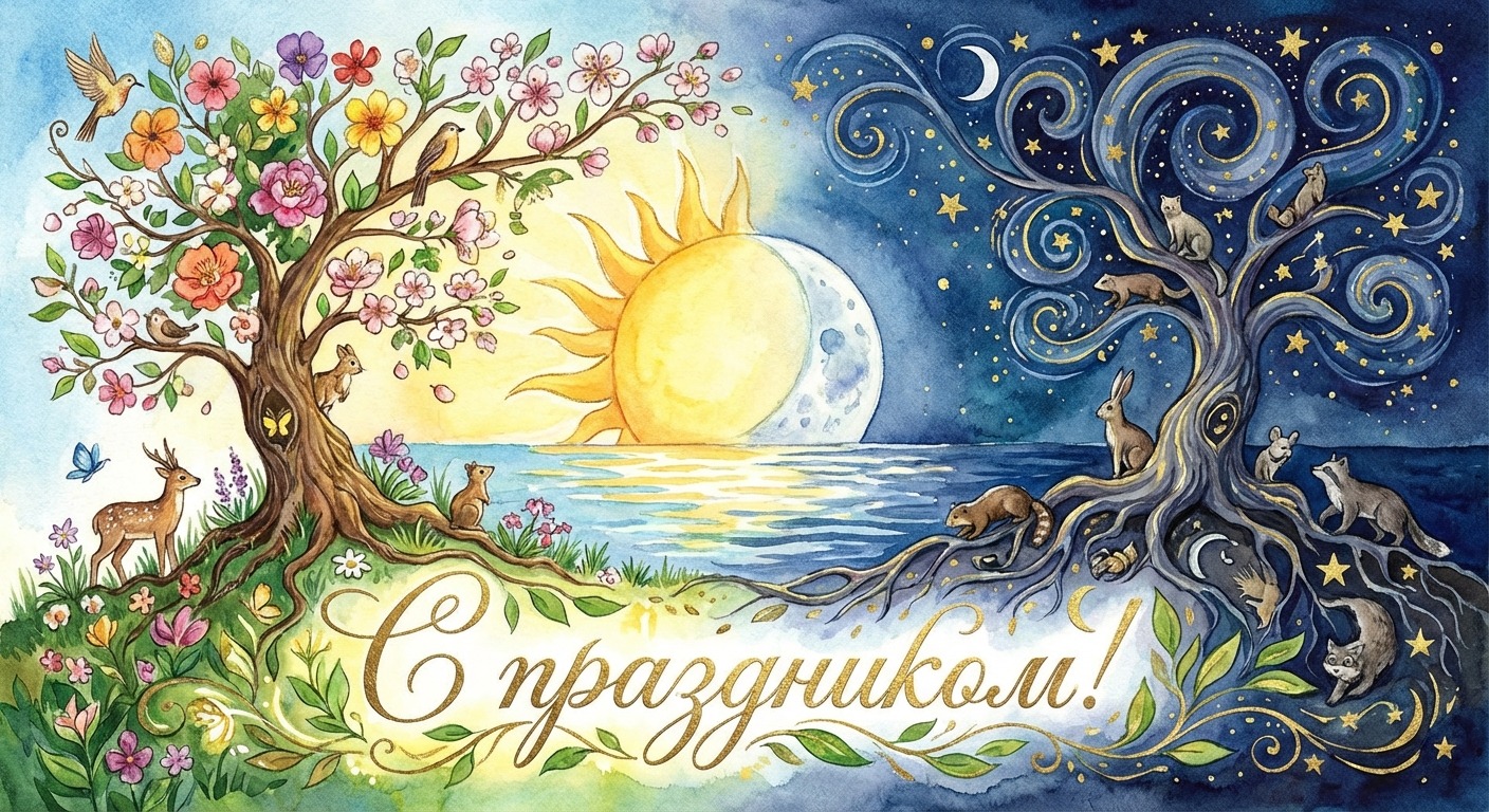 Создать открытку-картинку с поздравлением на День весеннего равноденствия с помощью нейросети