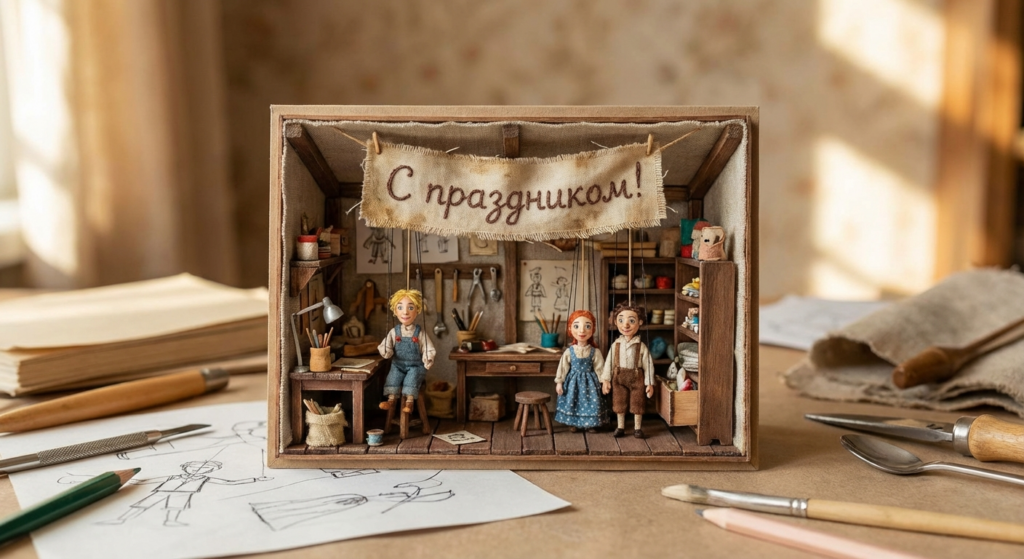Создать открытку-картинку с поздравлением на Международный день кукольника с помощью нейросети