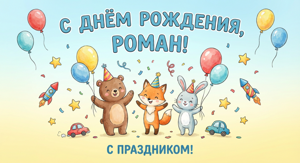 Поздравительная открытка на день рождения Роману через ИИ