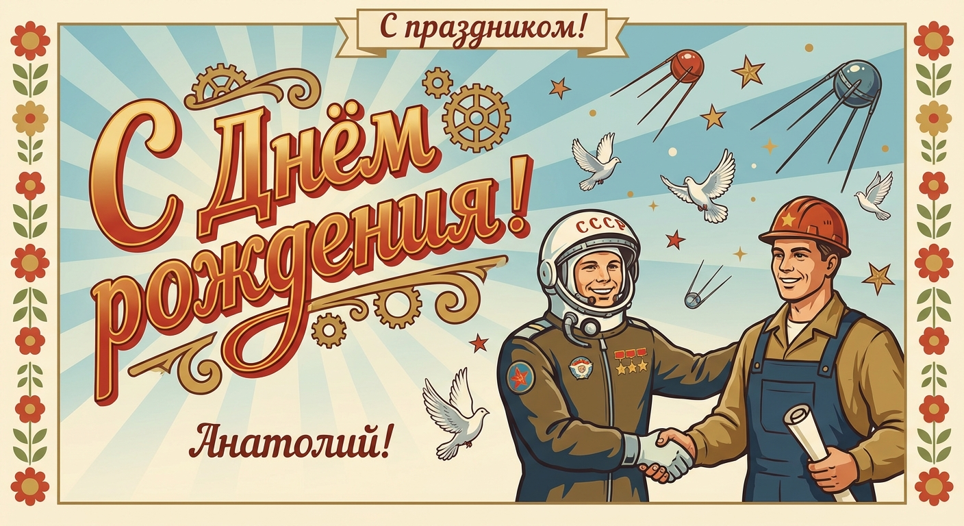 Поздравительная открытка на день рождения Анатолию через ИИ