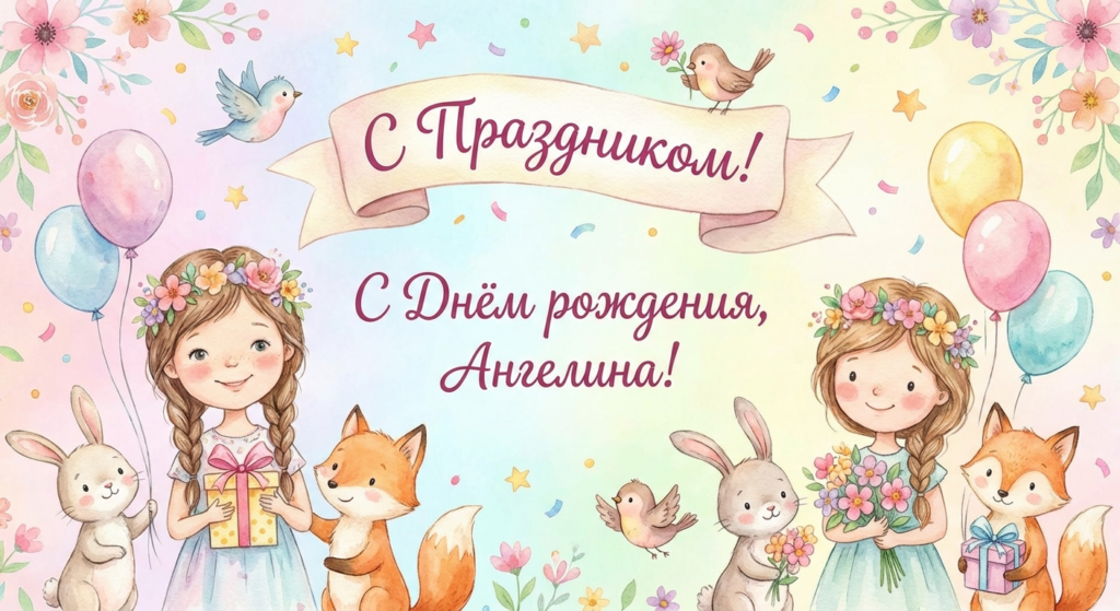 Поздравительная открытка на день рождения Ангелине через ИИ