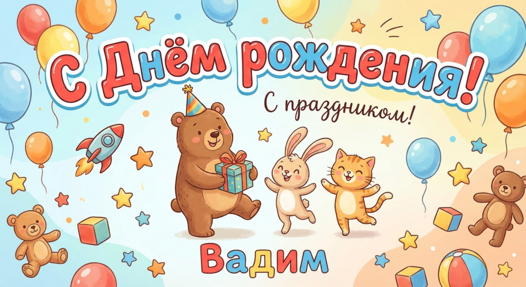 Поздравительная открытка на день рождения Вадиму через ИИ
