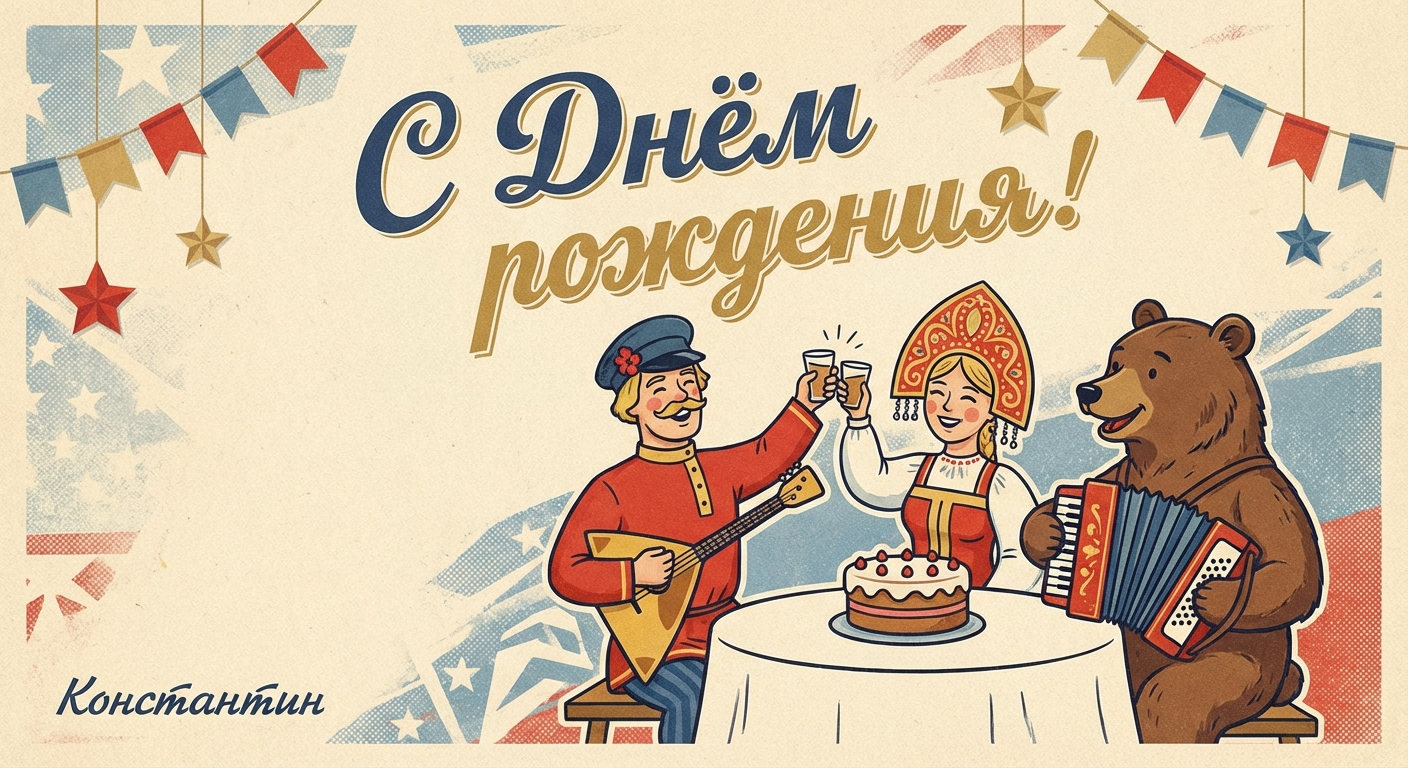 Поздравительная открытка на день рождения Константину через ИИ