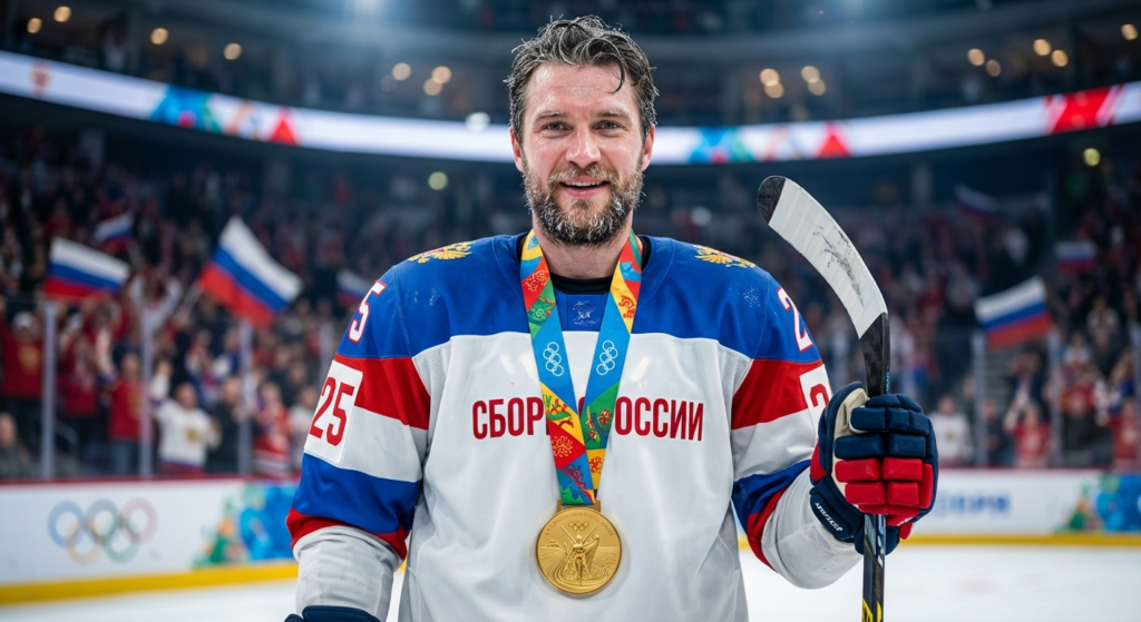 Сгенерировать фото или селфи в тематике "Я на пьедестале с золотой медалью по хоккею"