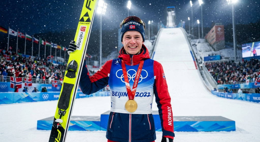 Сгенерировать фото или селфи в тематике "Я на пьедестале по лыжному двоеборью"