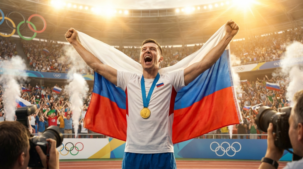 Сгенерировать фото или селфи в тематике «Я — спортсмен с флагом своей страны «