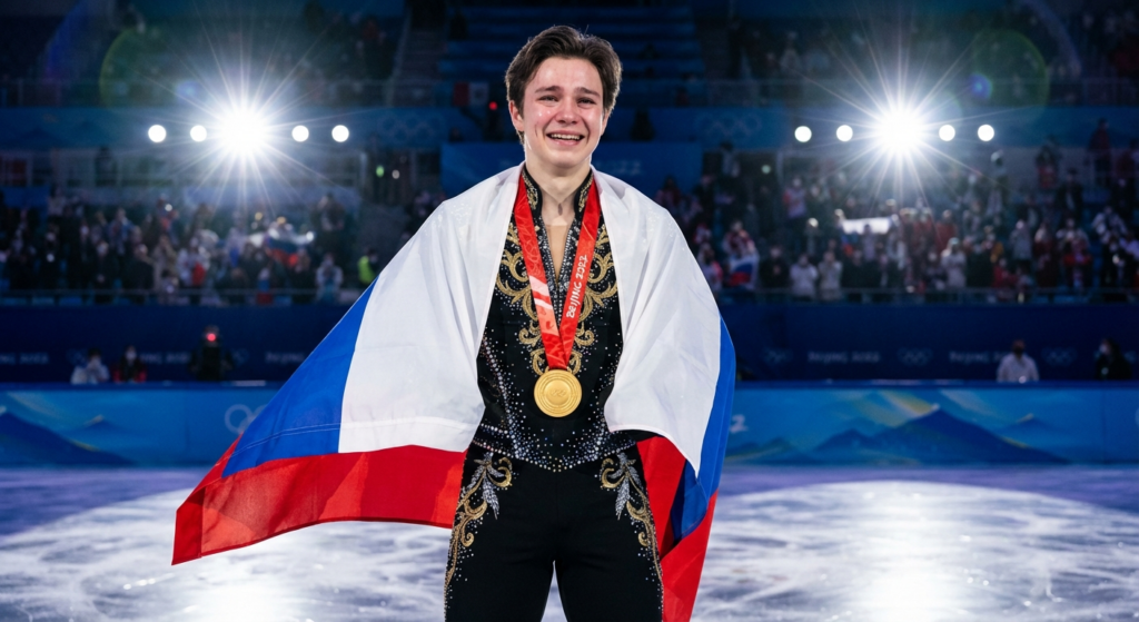 Сгенерировать фото или селфи в тематике «Я — спортсмен с флагом после фигурного катания»