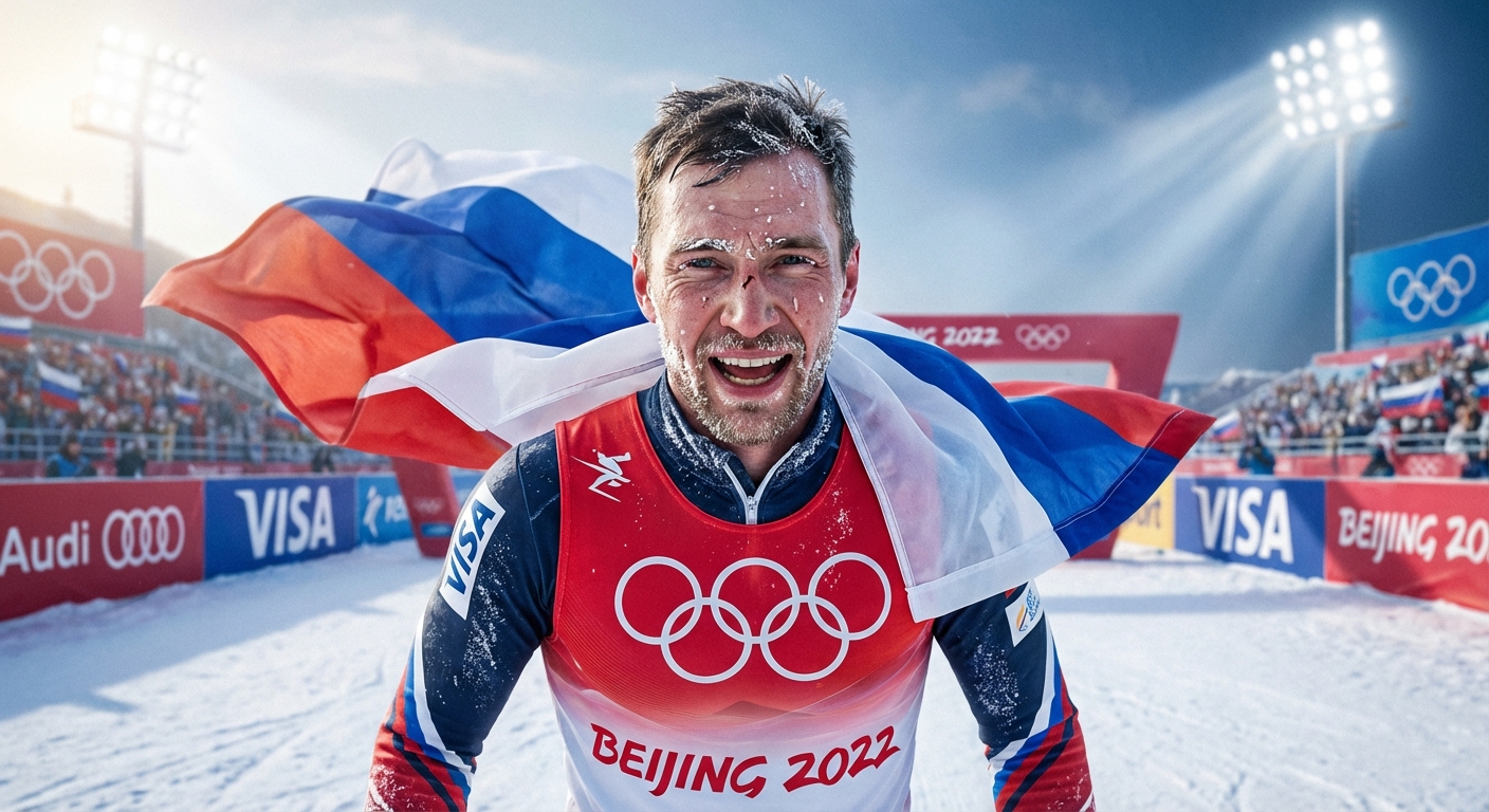 Сгенерировать фото или селфи в тематике «Я — спортсмен с флагом после лыжных гонок»