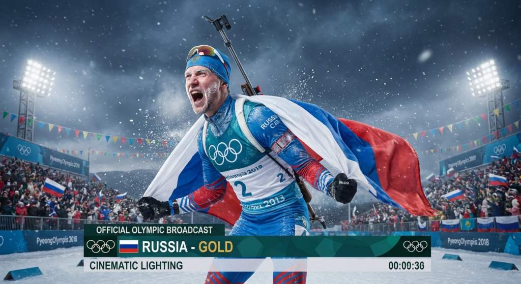 Сгенерировать фото или селфи в тематике «Я — спортсмен с флагом после биатлона»