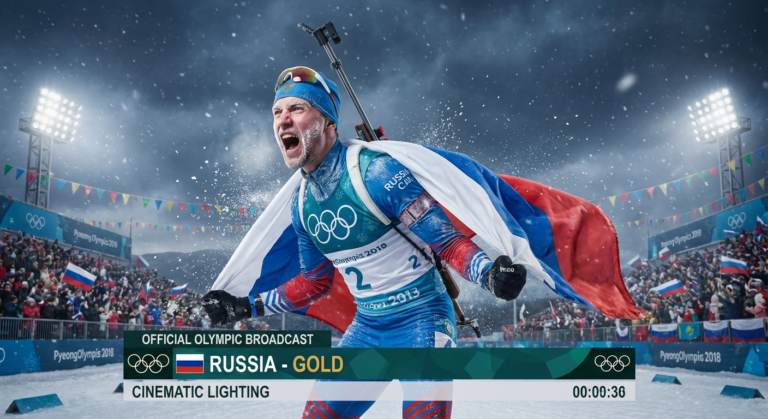 Сгенерировать фото или селфи в тематике "Я — спортсмен с флагом после биатлона"