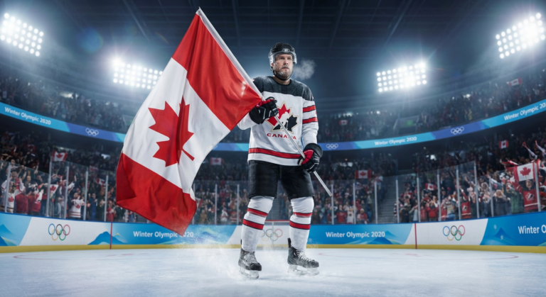 Сгенерировать фото или селфи в тематике "Я — спортсмен с флагом на поле хоккея"