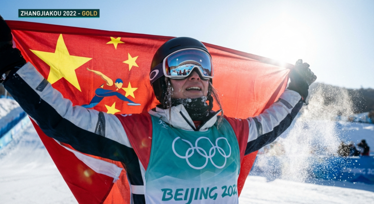 Сгенерировать фото или селфи в тематике "Я — спортсмен с флагом после сноуборда"