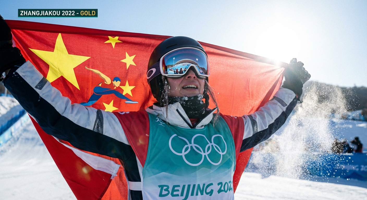 Сгенерировать фото или селфи в тематике «Я — спортсмен с флагом после сноуборда»