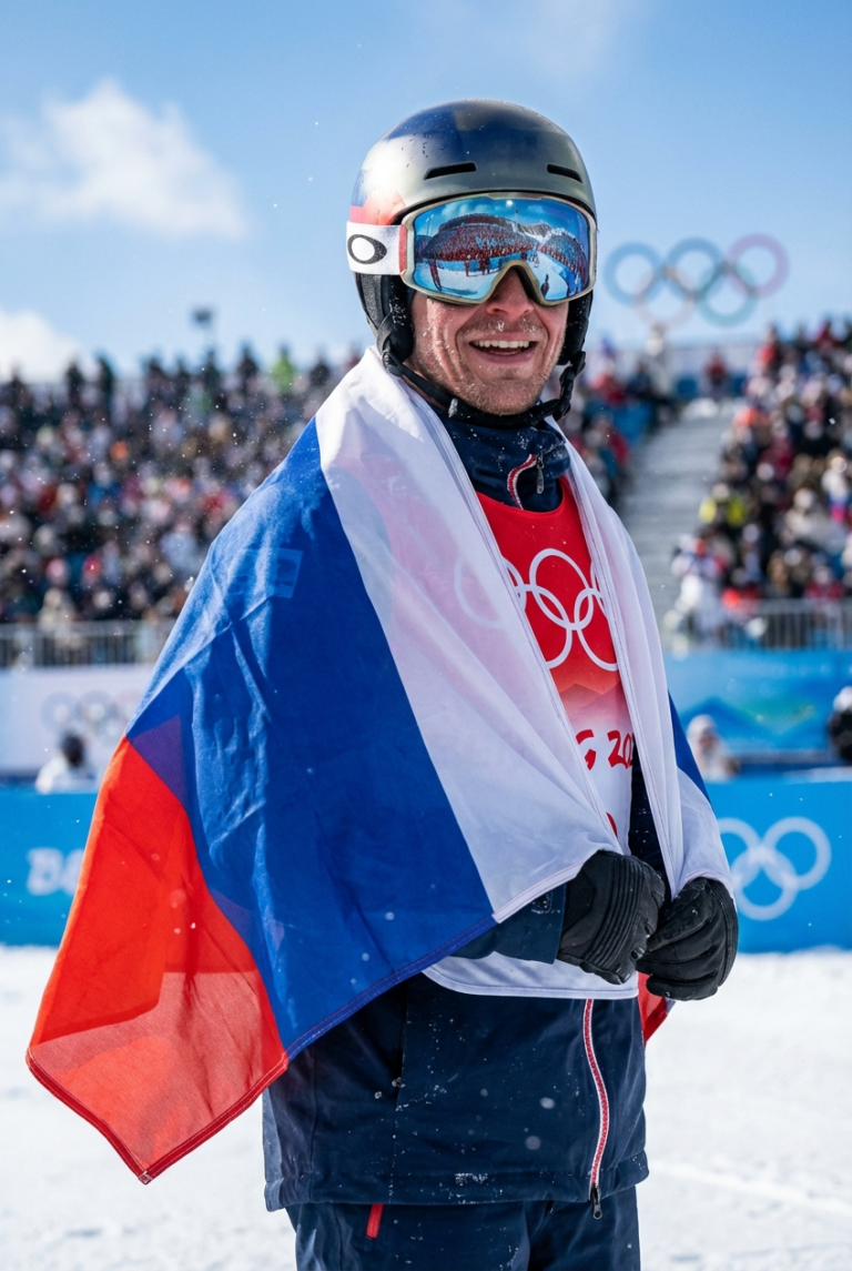 Сгенерировать фото или селфи в тематике "Я — спортсмен с флагом после фристайла"