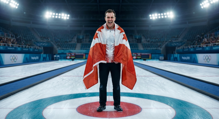 Сгенерировать фото или селфи в тематике "Я — спортсмен с флагом после кёрлинга"