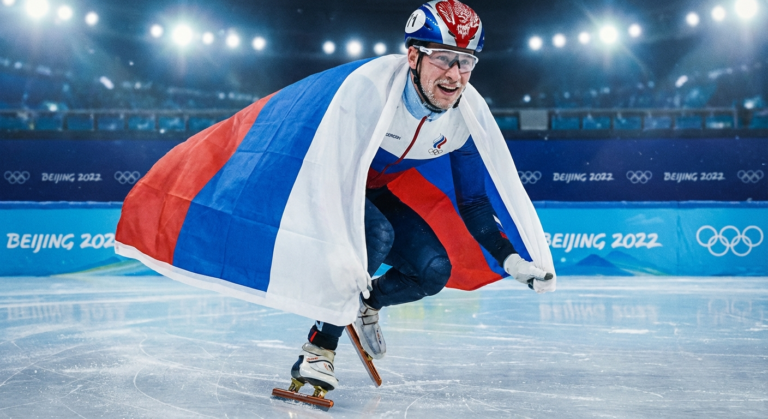 Сгенерировать фото или селфи в тематике "Я — спортсмен с флагом после шорт-трека"