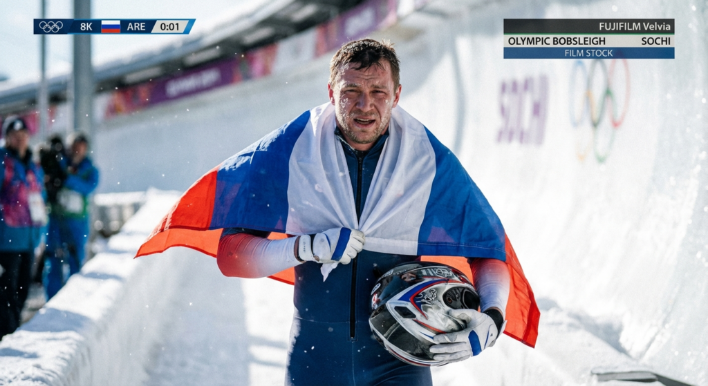 Сгенерировать фото или селфи в тематике «Я — спортсмен с флагом после бобслея»