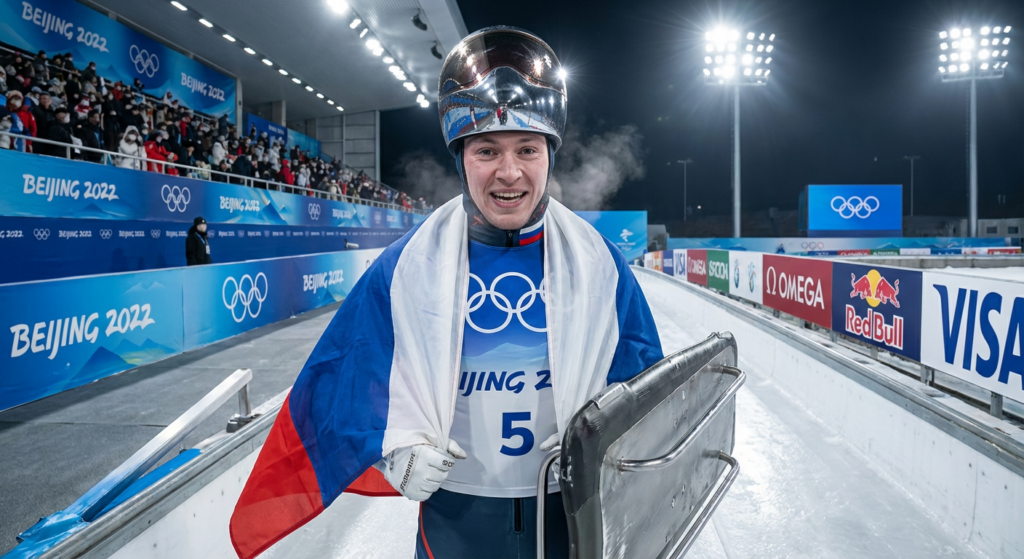 Сгенерировать фото или селфи в тематике «Я — спортсмен с флагом после скелетона»