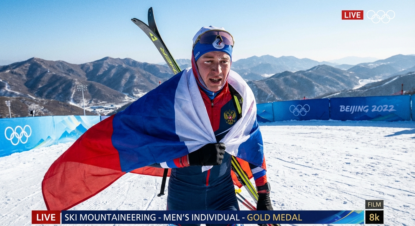 Сгенерировать фото или селфи в тематике «Я — спортсмен с флагом после ски-альпинизма»