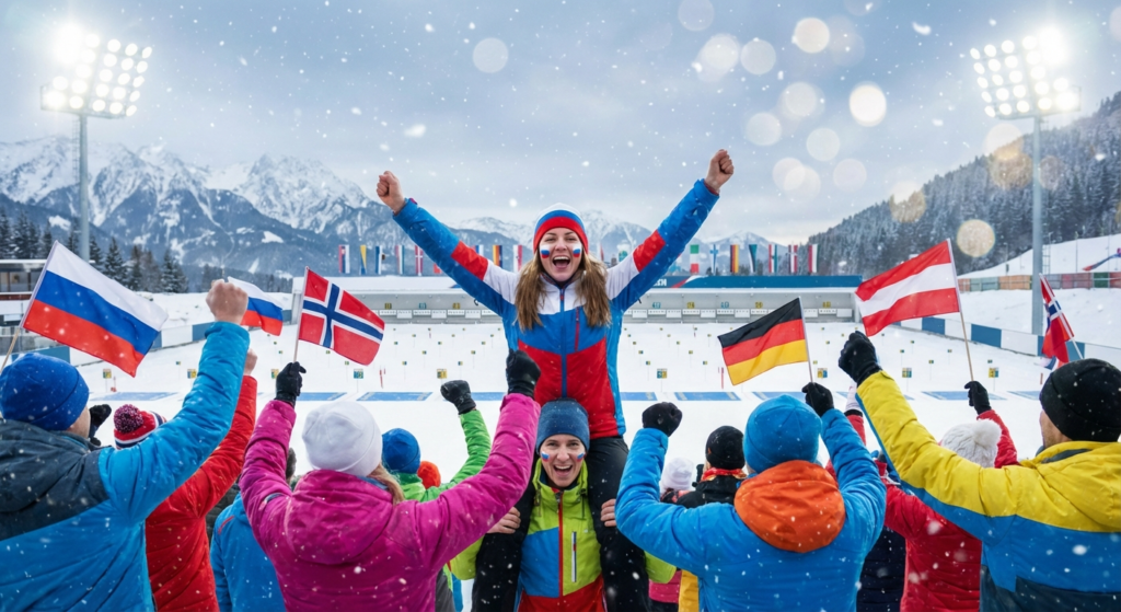 Сгенерировать фото или селфи в тематике «Я среди фанатов биатлона / лыжных гонок»