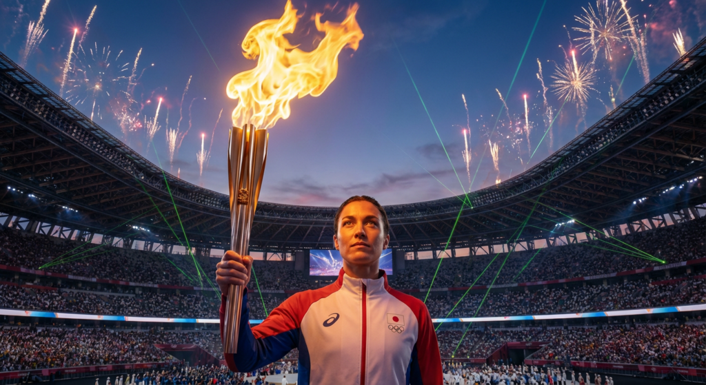 Сгенерировать фото или селфи в тематике "Я на церемонии открытия с факелом у стадиона Олимпиады"