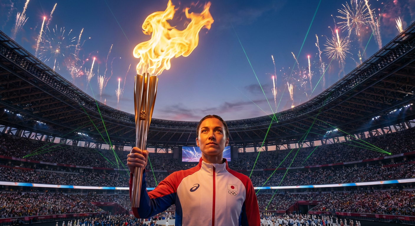 Сгенерировать фото или селфи в тематике «Я на церемонии открытия с факелом у стадиона Олимпиады»