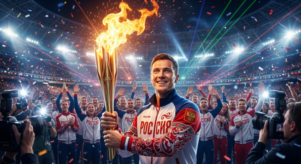 Сгенерировать фото или селфи в тематике "Я на церемонии открытия с факелом вместе с командой"