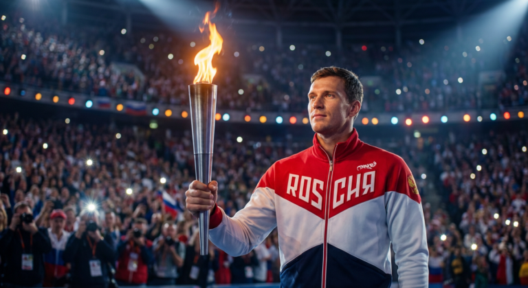 Сгенерировать фото или селфи в тематике "Я на церемонии открытия с факелом на фоне огней и толпы"