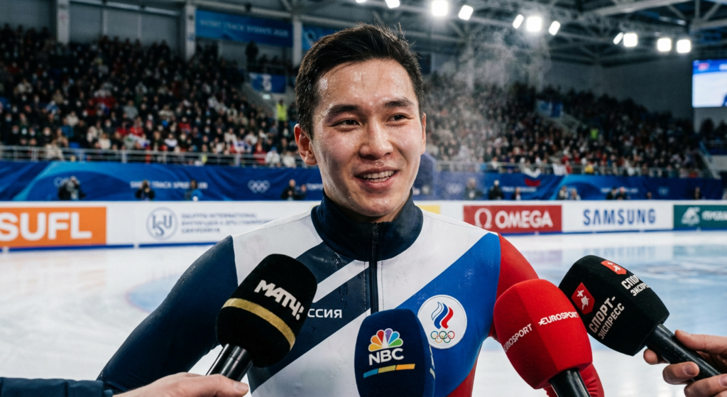 Сгенерировать фото или селфи в тематике «Я даю интервью после шорт-трека»