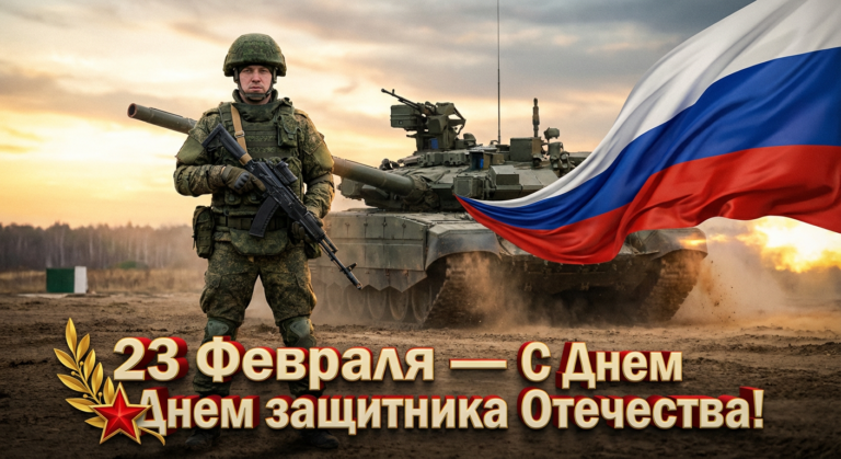 Сгенерировать праздничную открытку на 23 февраля на тему "Я как мотострелок на фоне танка Т-90"