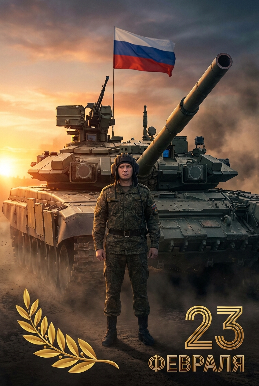 Сгенерировать праздничную открытку на 23 февраля на тему «Я как танкист у боевого Т-72 / Т-90»