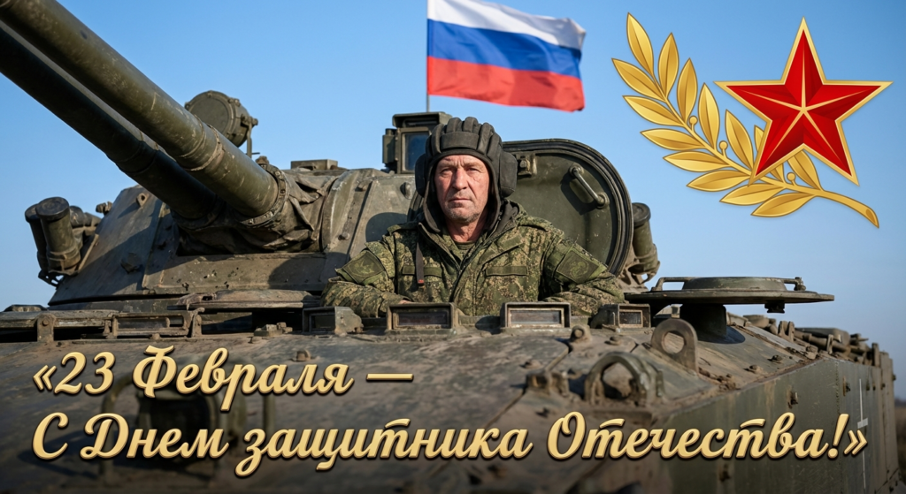 Сгенерировать праздничную открытку на 23 февраля на тему "Я как механик-водитель в БМП-3"