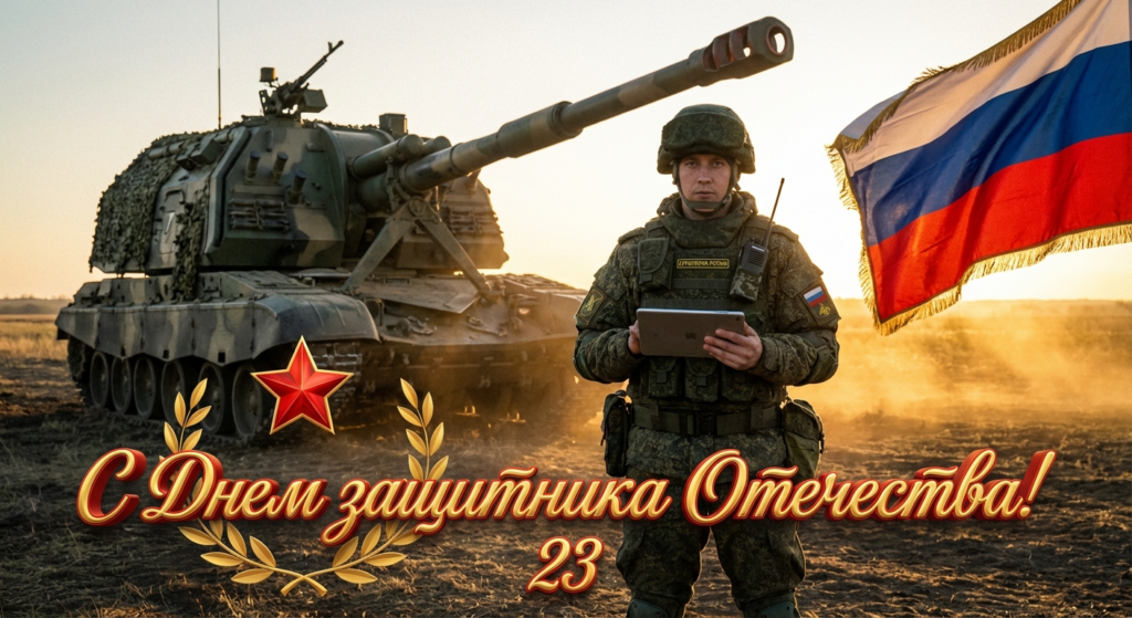 Сгенерировать праздничную открытку на 23 февраля на тему "Я как артиллерист рядом с САУ 2С19 “Мста-С”"