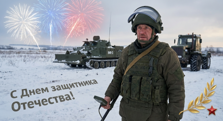 Сгенерировать праздничную открытку на 23 февраля на тему "Я как сапёр на фоне инженерной техники"