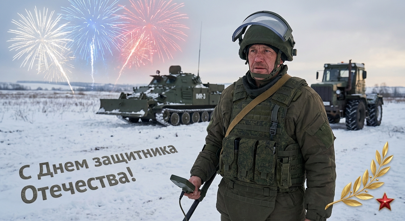 Сгенерировать праздничную открытку на 23 февраля на тему «Я как сапёр на фоне инженерной техники»