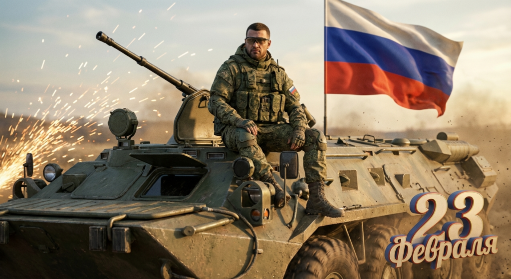Сгенерировать праздничную открытку на 23 февраля на тему «Я как разведчик на броне БТР-82А»