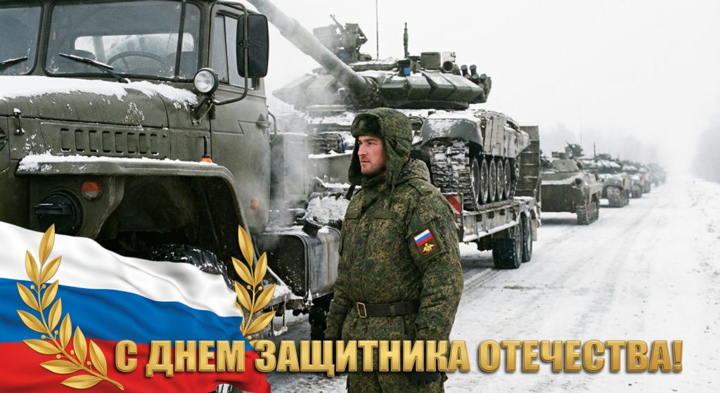 Сгенерировать праздничную открытку на 23 февраля на тему «Я как водитель танкового тягача рядом с колонной техники»