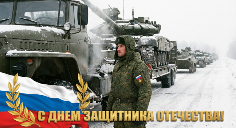 Сгенерировать праздничную открытку на 23 февраля на тему "Я как водитель танкового тягача рядом с колонной техники"