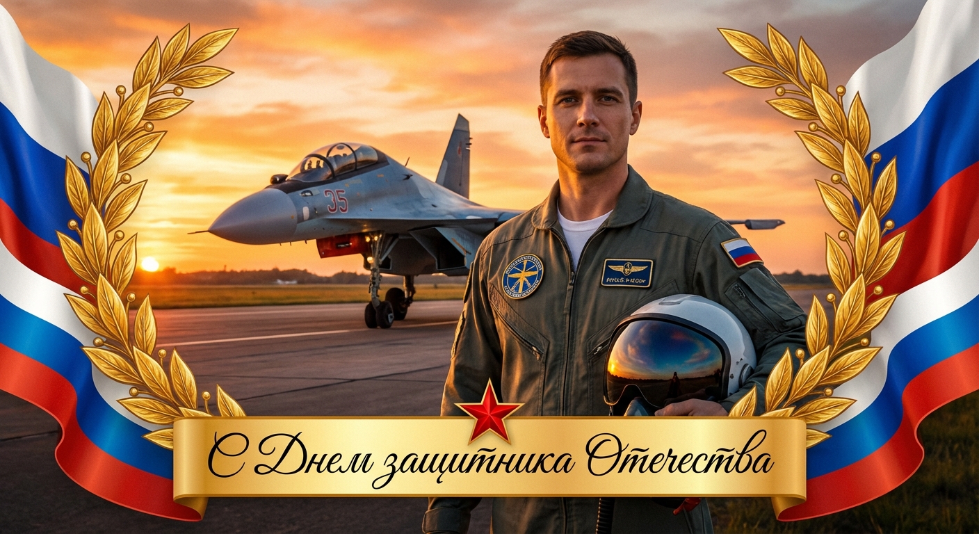 Сгенерировать праздничную открытку на 23 февраля на тему «Я как пилот истребителя Су-35 / МиГ-31 на взлётной полосе»