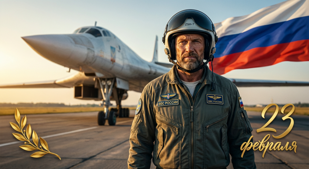 Сгенерировать праздничную открытку на 23 февраля на тему «Я как штурман на фоне бомбардировщика»